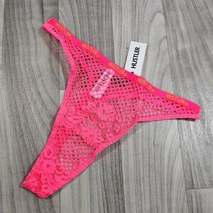 Hustler Lingerie Logo Fishnet High Waist Thong, Neon Pink, Size US 4